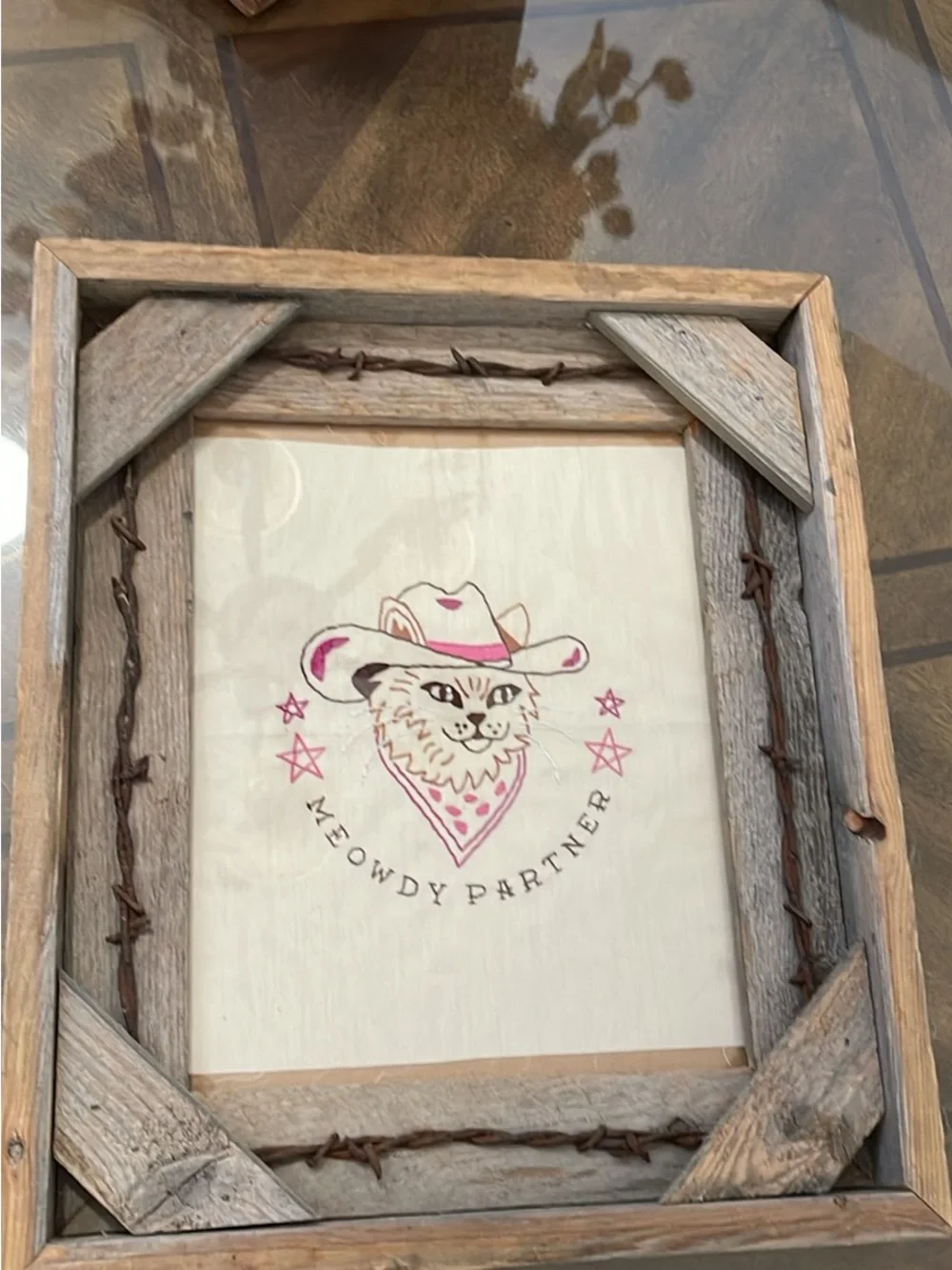 Rustic Pink and Cream 'Meowdy Partner' Framed Wall Art in Western Frame.